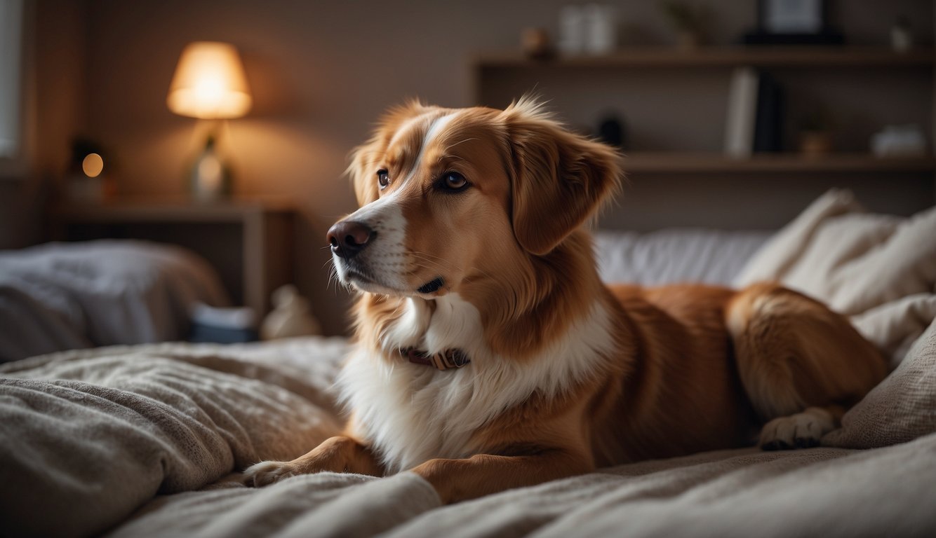 A dog lies peacefully on a soft bed surrounded by comforting objects and soothing music, while a caring veterinarian provides gentle care and support