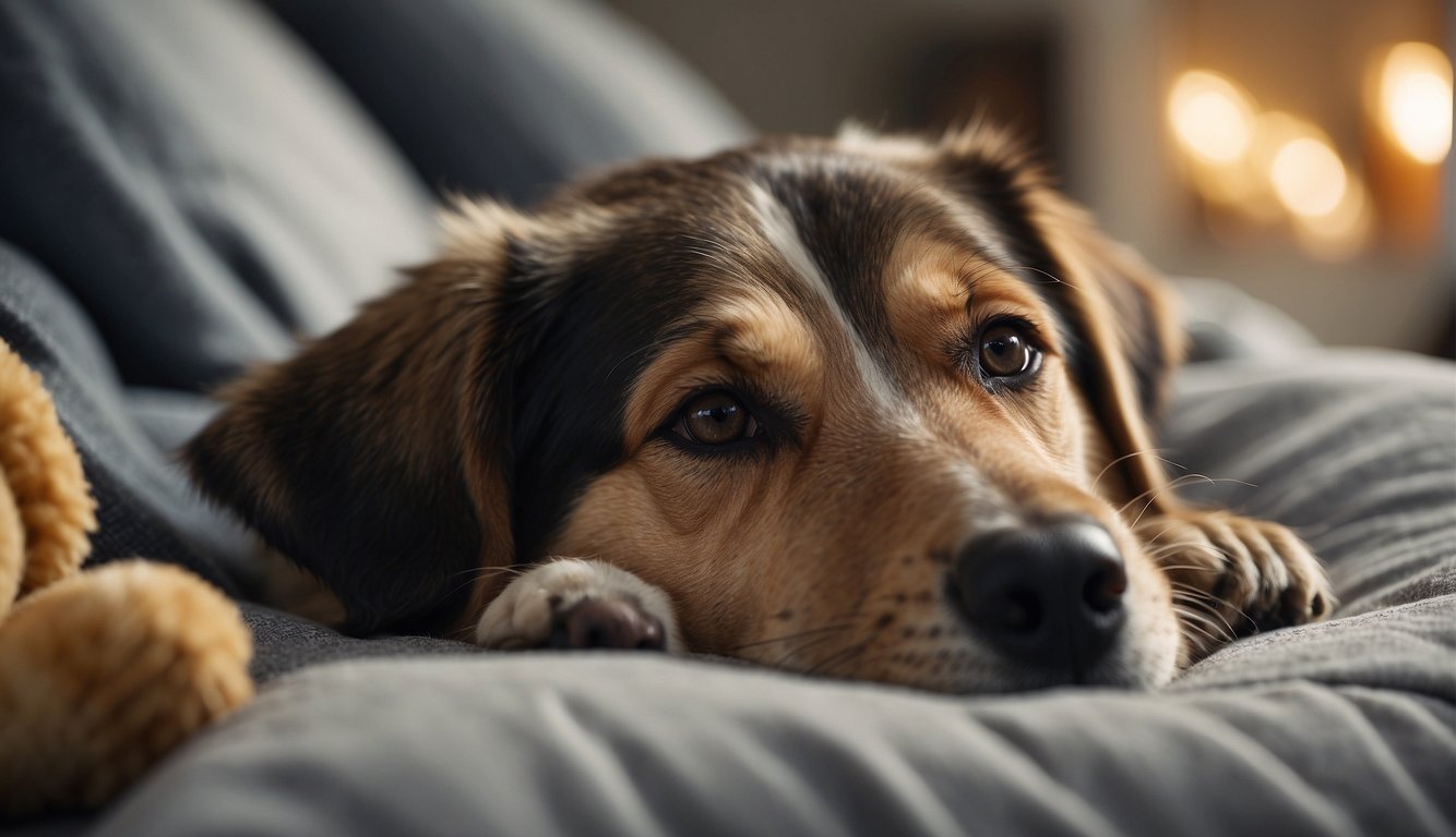 A dog lying peacefully on a soft bed surrounded by comforting items like toys, blankets, and treats. A caring veterinarian is nearby, providing gentle care and support