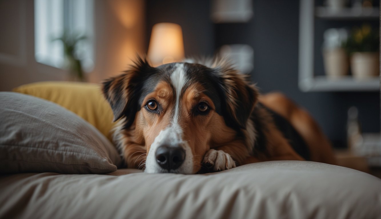 A dog lies peacefully on a comfortable bed surrounded by loved ones. A caring veterinarian administers pain relief and provides emotional support