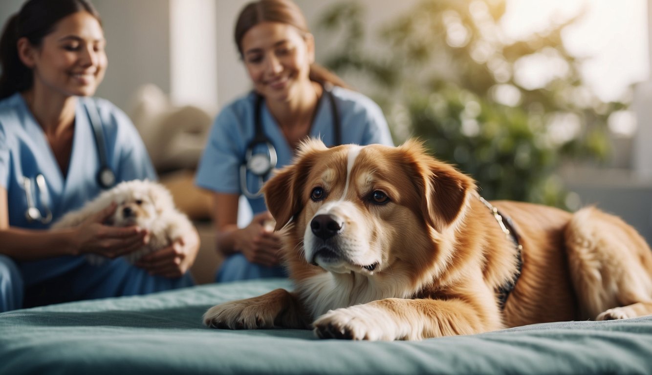 A peaceful and serene setting with a dog lying comfortably surrounded by caring veterinary staff and family members. Soft lighting and soothing colors create a calming atmosphere