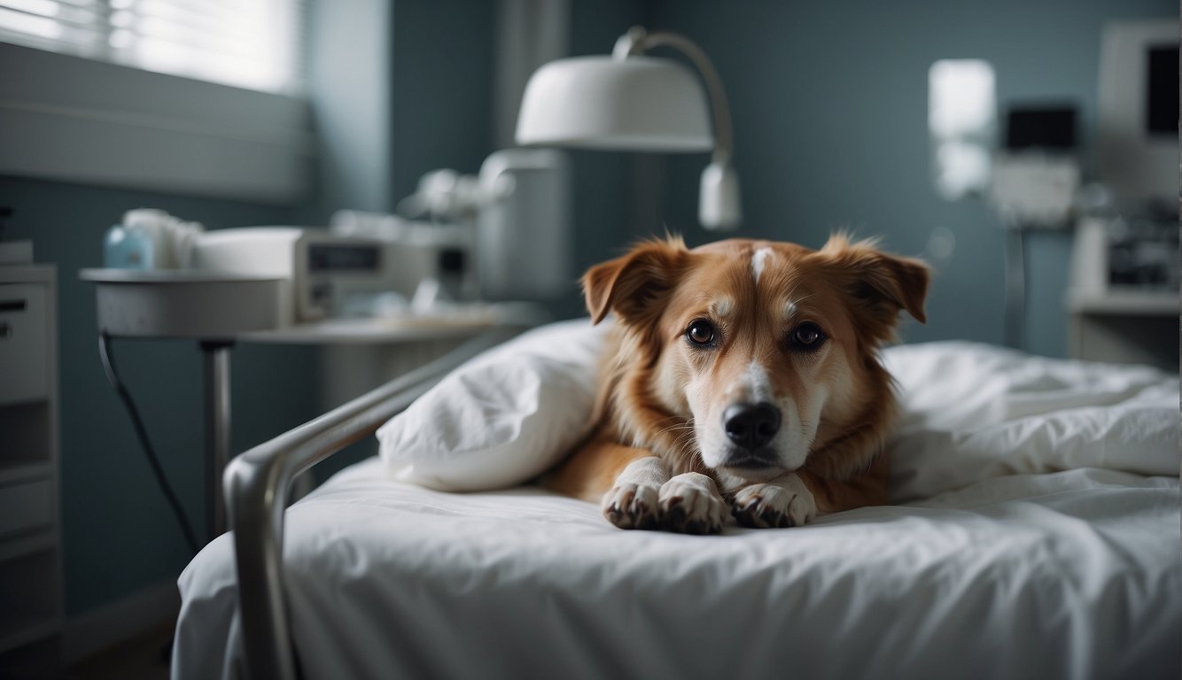 A dying dog lies on a comfortable bed surrounded by caring veterinary staff. Soft lighting and soothing music create a peaceful atmosphere