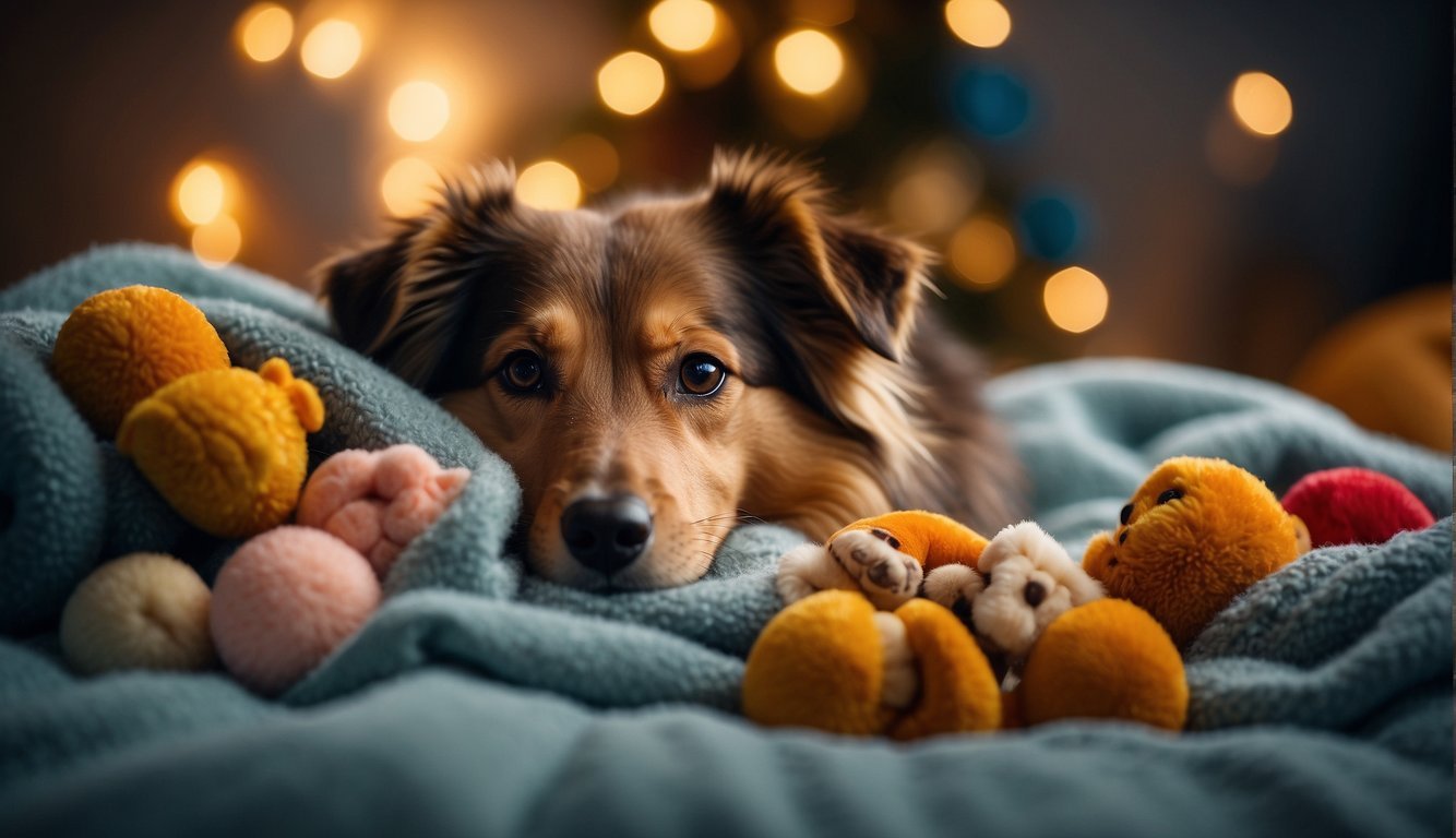 Dogs nestled in soft blankets, surrounded by toys and treats, with a warm bed and gentle lighting