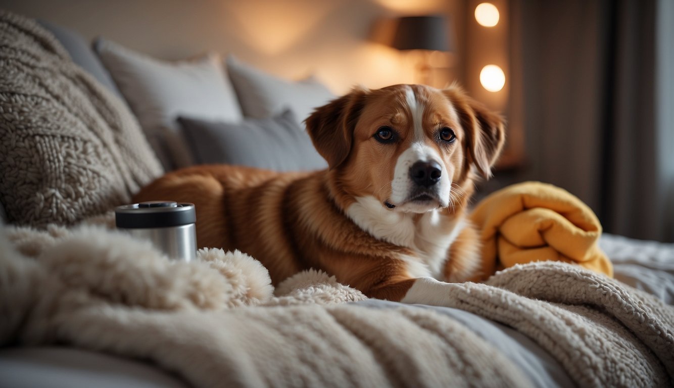 A dog lying on a soft, cushioned bed, surrounded by warm blankets and pillows. A thermometer and medication are nearby, along with a water bowl and comforting toys