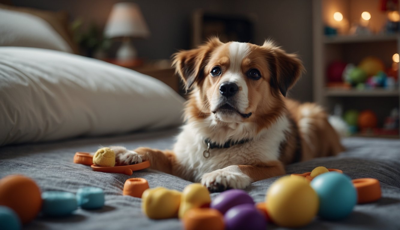 A dog lying on a soft bed with a blanket, surrounded by toys and water, while a caring hand administers medicine