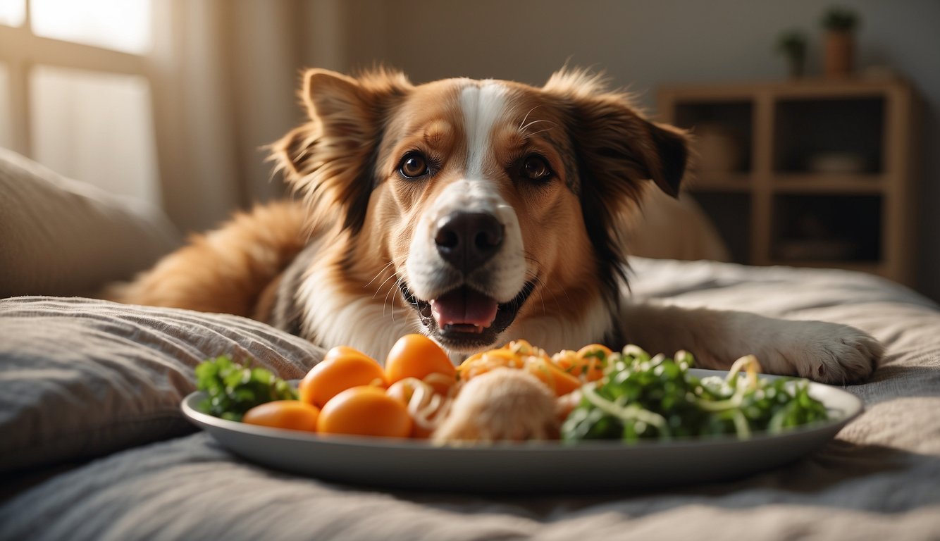 A dog lies on a soft, cushioned bed in a warm, well-lit room. A bowl of fresh water and a plate of nutritious food sit nearby. A gentle, caring hand reaches out to stroke the dog's fur