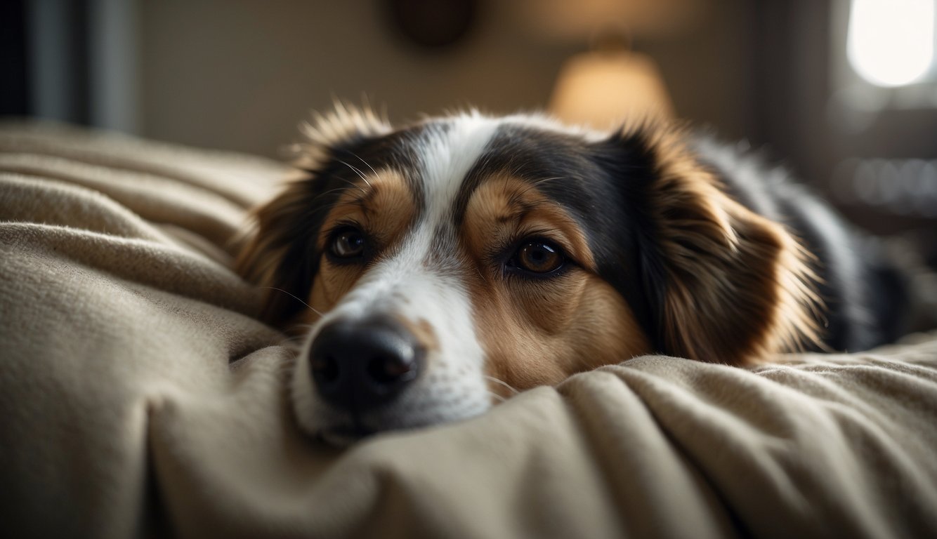 A sick dog lying on a soft, cushioned bed with a warm blanket draped over its body. A dimly lit room with gentle background music and a comforting scent in the air