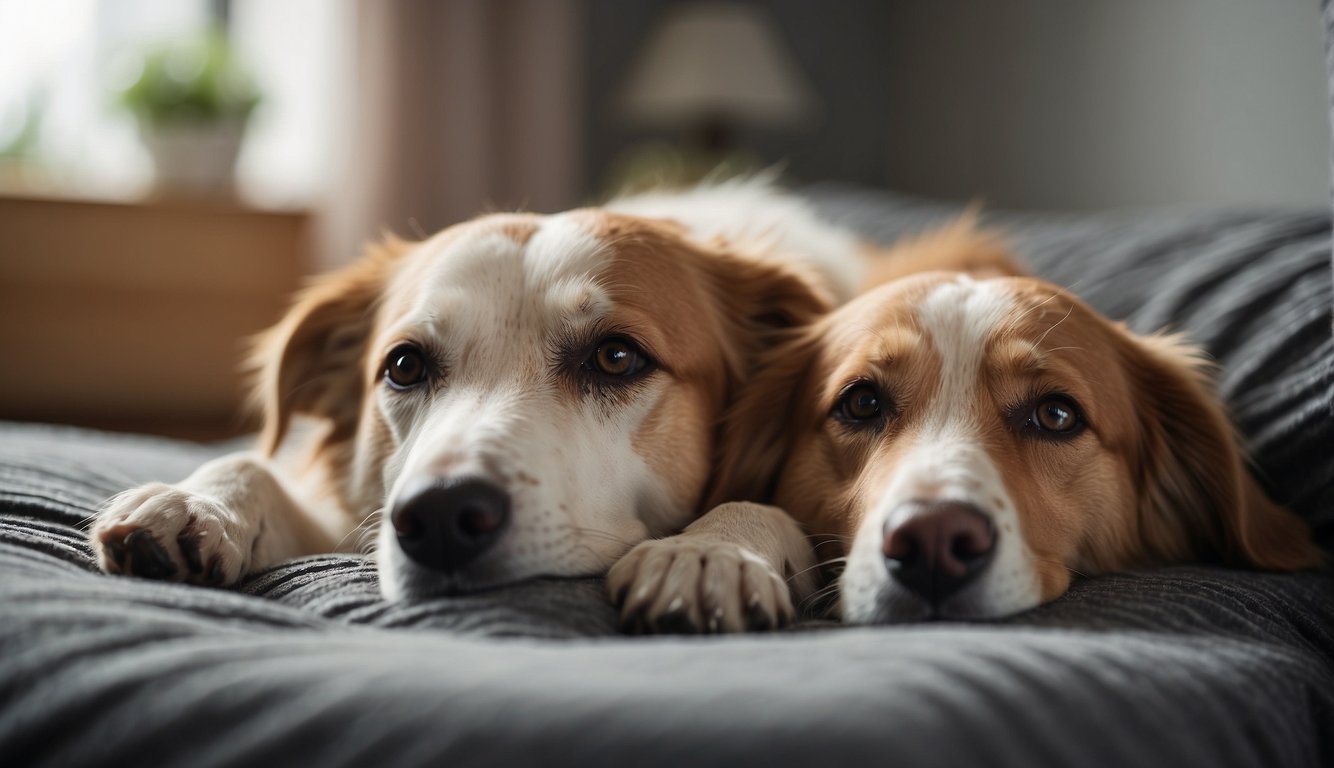 Sick dogs rest in a cozy home, away from hazards. Precautions include non-slip floors, soft bedding, and easy access to water and medication