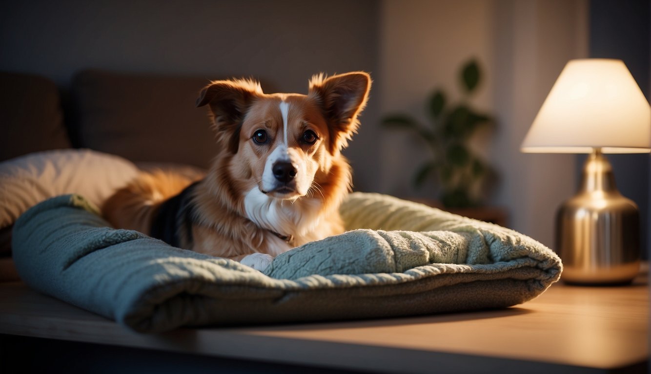 A dog bed with soft blankets and pillows, a warm lamp, and a bowl of fresh water. A gentle, soothing music playing in the background