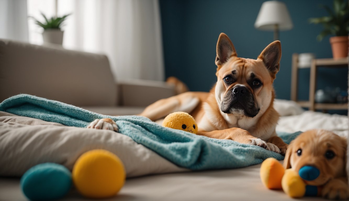 Sick dogs resting on soft blankets in a warm, well-lit room with toys and water bowls nearby