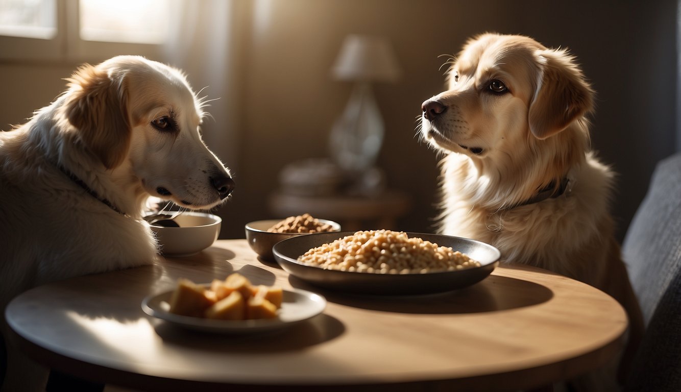 Elderly dogs being hand-fed soft food in cozy, sunlit room