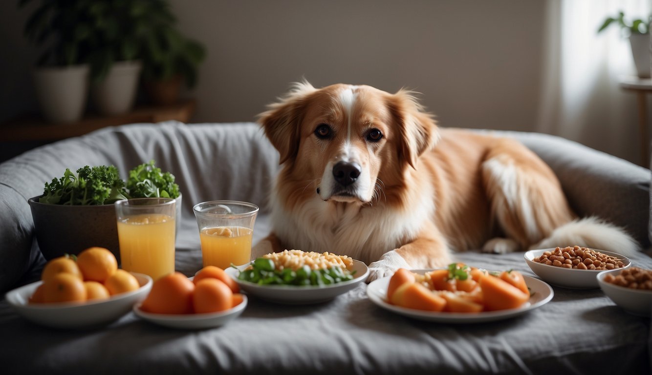 An elderly dog lies peacefully on a soft bed, surrounded by bowls of specially prepared food and water. A caring owner sits nearby, gently offering comfort and support