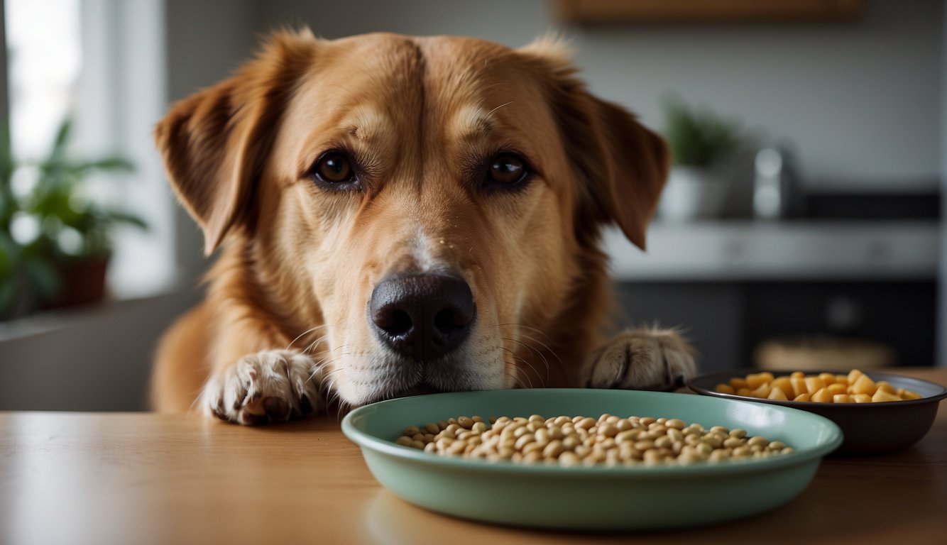 A senior dog eating from a raised food bowl, surrounded by a peaceful and calm environment. A caregiver gently provides comfort and support while the dog enjoys their meal