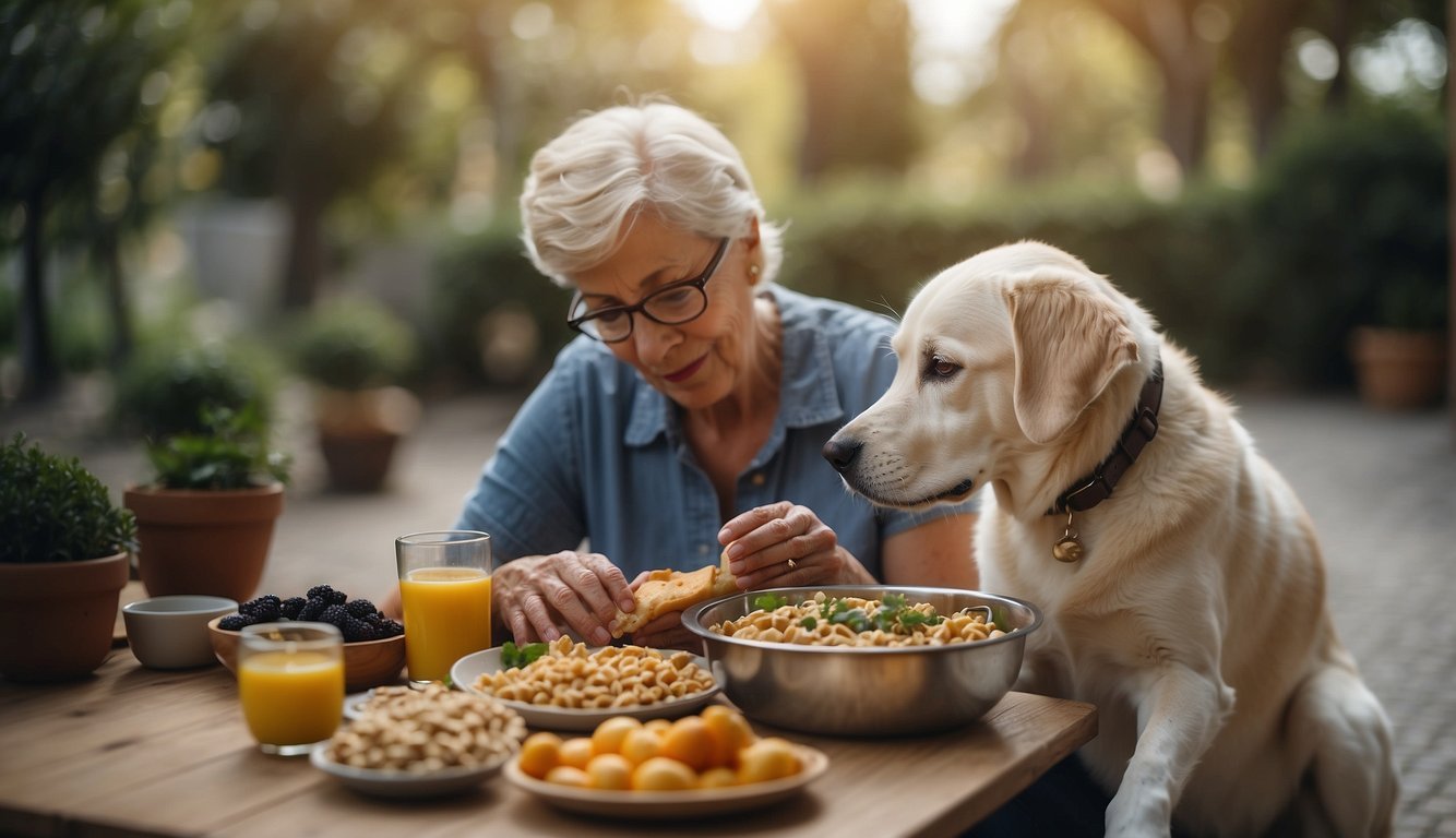 A dog owner carefully chooses food for their senior dog, considering their special needs and preferences. The dog eats peacefully, surrounded by love and care