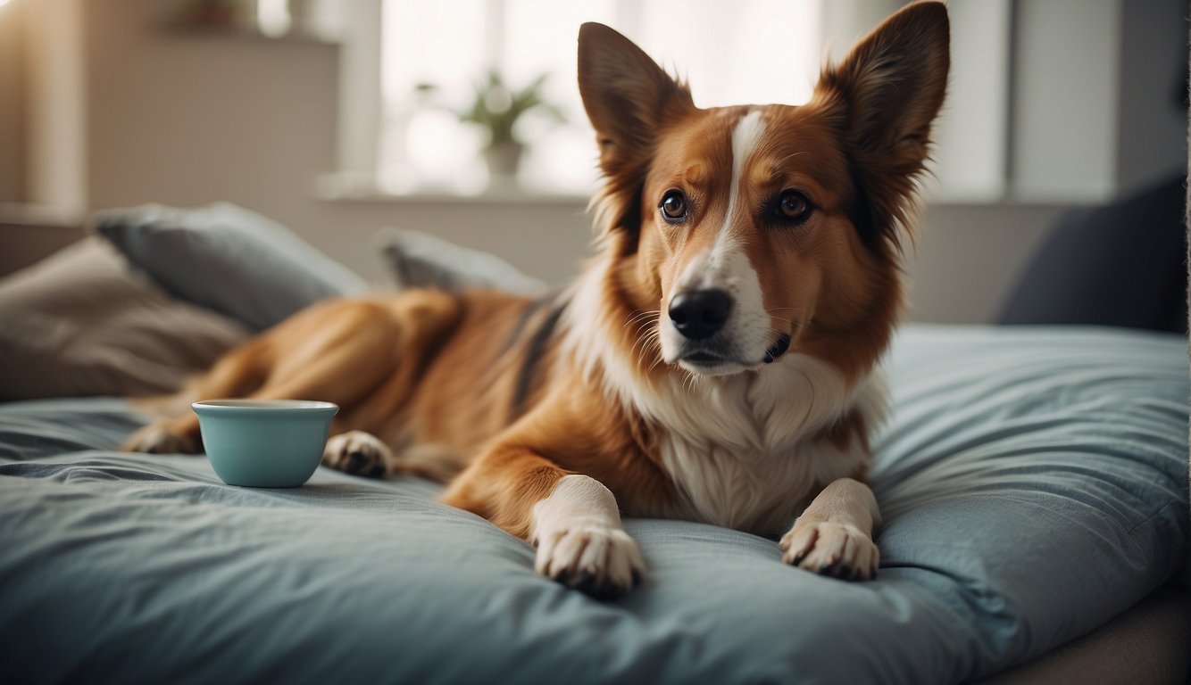 A dog lying on a soft bed, surrounded by loved ones. A bowl of water and easily digestible food placed nearby. Comfort and care evident in the scene