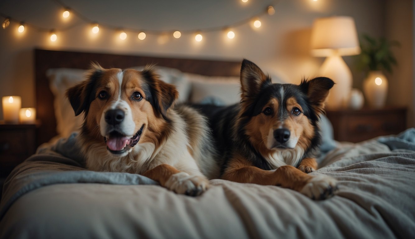 A dog lying comfortably on a soft bed, surrounded by loved ones, being hand-fed small, easily digestible meals. The atmosphere is peaceful and loving, with soft lighting and gentle background music