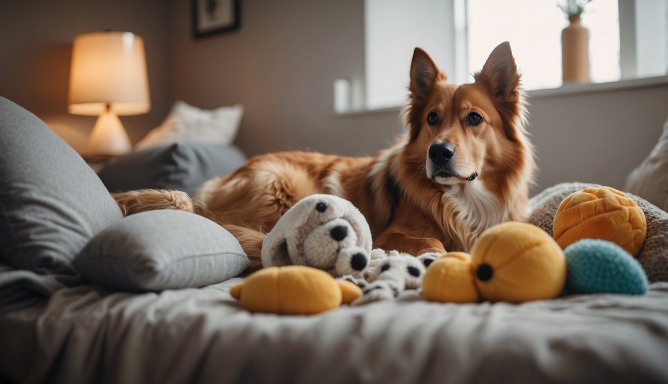 A dog lying on a cozy bed, surrounded by comforting blankets and toys. A bowl of food and water sits nearby, with a gentle hand reaching out to offer a comforting touch