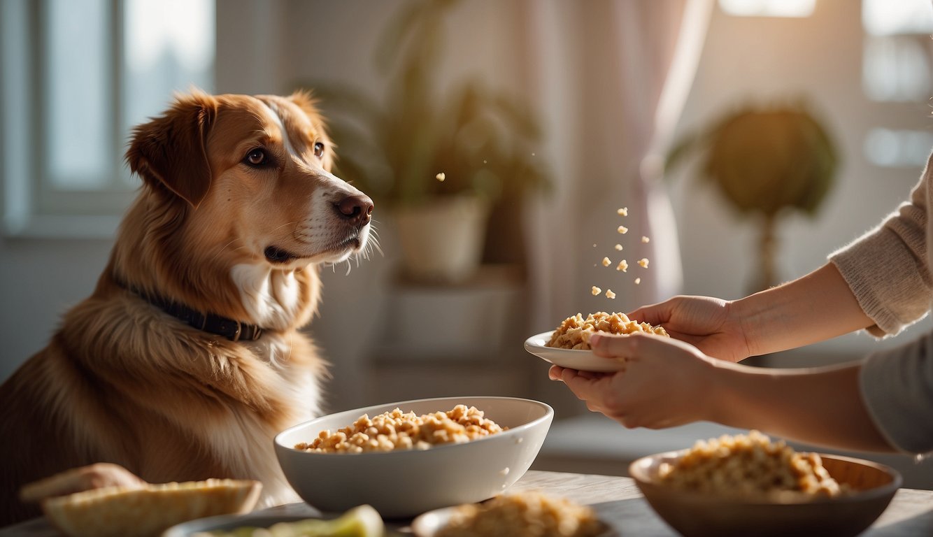 Dogs are being hand-fed soft, nutritious food in a peaceful and comfortable setting. The room is filled with natural light and soothing colors, creating a calm and serene atmosphere for the dogs in their last days