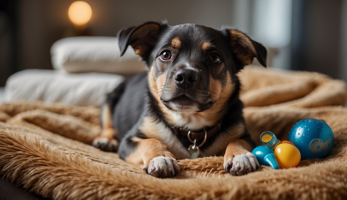 A dog lying on a soft blanket, surrounded by comforting items like a water bowl, favorite toys, and a gentle hand offering food