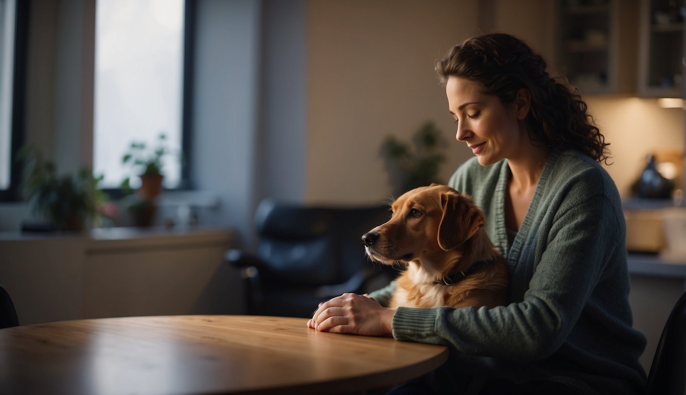 A veterinary social worker sits with a dying dog, offering comfort and support. The room is quiet, with soft lighting and peaceful music playing in the background