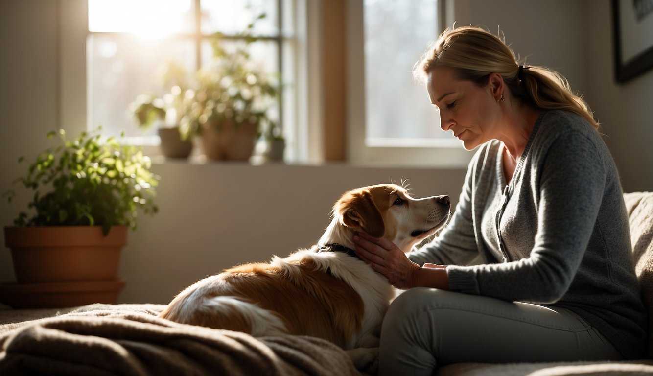 Veterinary social worker comforts grieving dog owners in a tranquil, sunlit room as their beloved pets receive end-of-life care