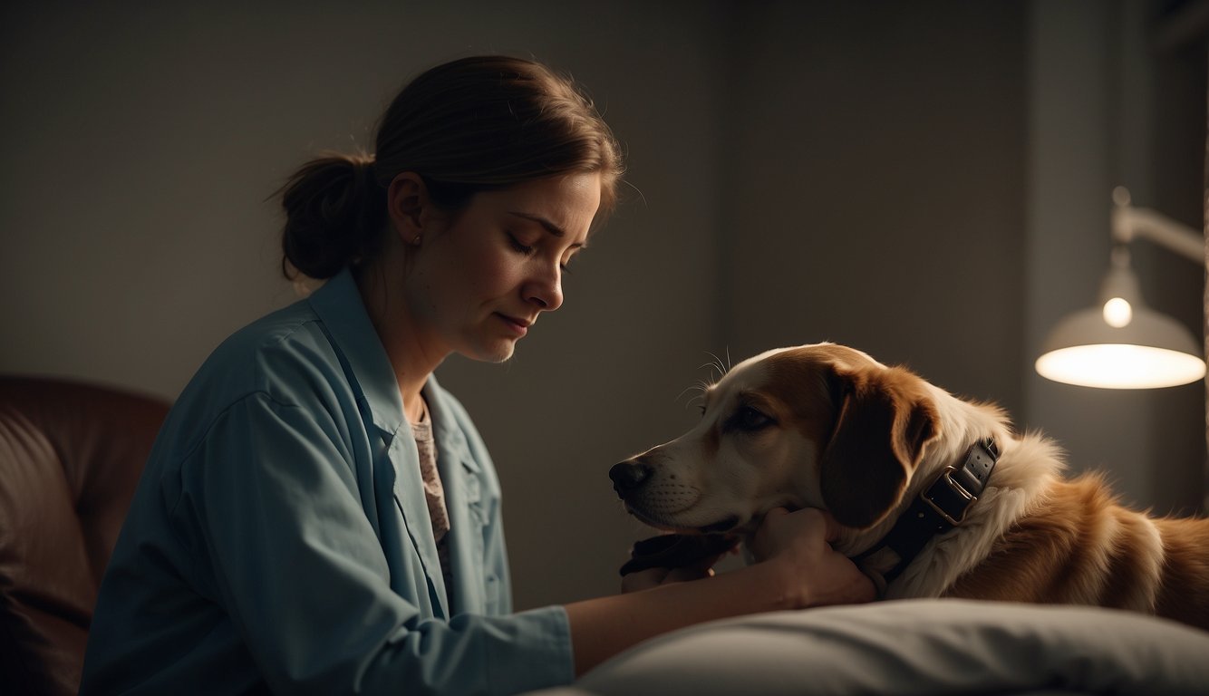 A veterinary social worker comforts a dying dog, providing emotional support and compassion in a peaceful, dimly lit room