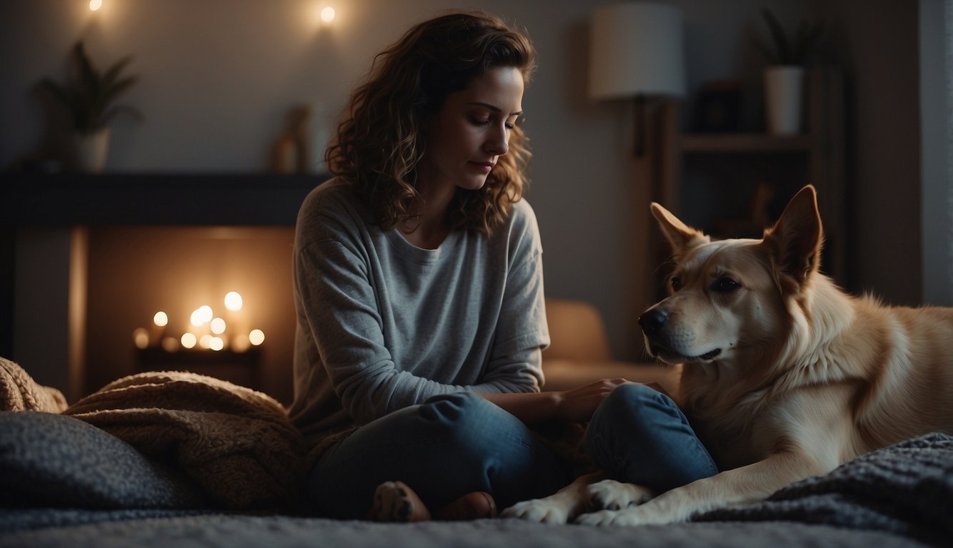 Veterinary social worker comforts grieving pet owners in a peaceful, dimly lit room with soft music playing in the background. A dying dog rests on a cozy blanket surrounded by loved ones