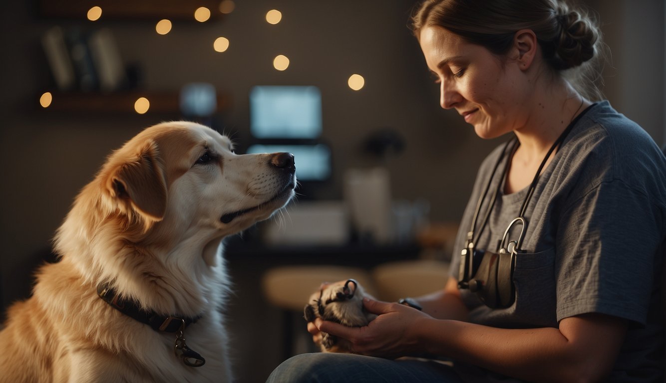 A veterinary social worker comforts a dying dog, surrounded by calming music and soft lighting, while other therapy animals provide gentle companionship