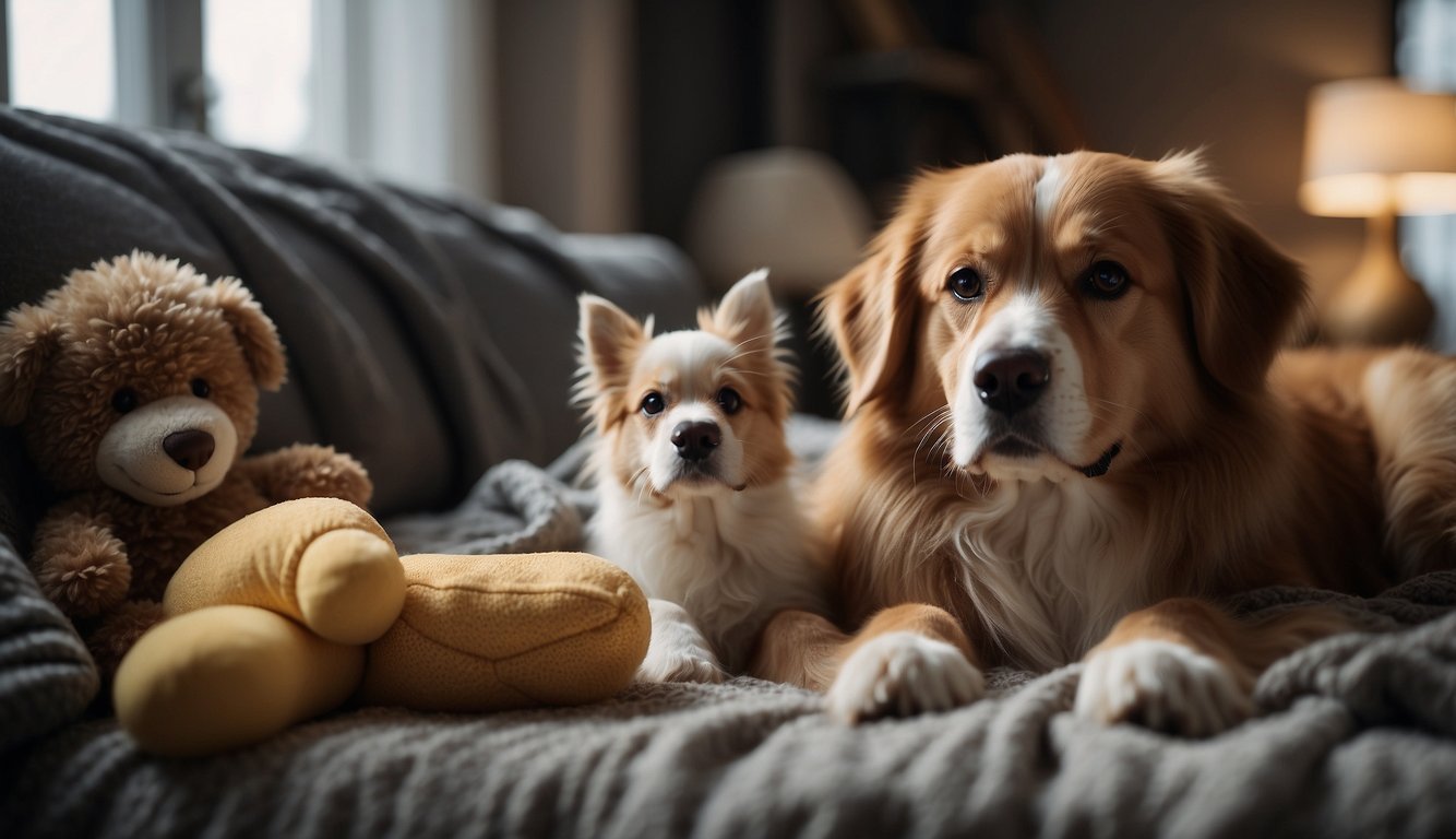 Dogs surrounded by soft blankets, toys, and soothing music in a cozy, dimly lit room. A gentle, caring presence provides comfort and support