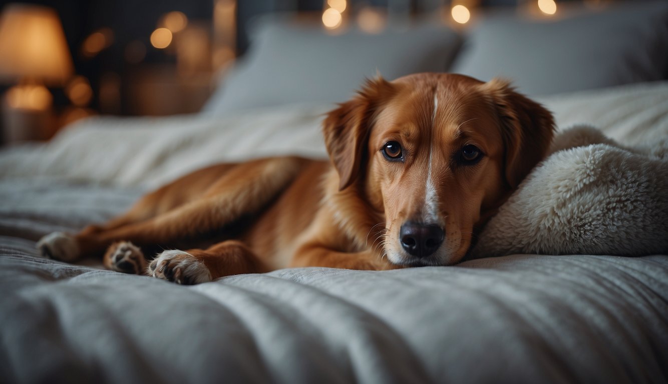 A dog lies peacefully on a soft bed, surrounded by gentle, comforting touches and soothing sounds