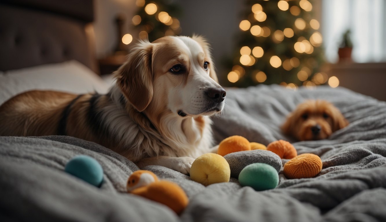 A senior dog lays on a soft bed, surrounded by comforting blankets and toys. A gentle caregiver administers medication while soothing music plays in the background