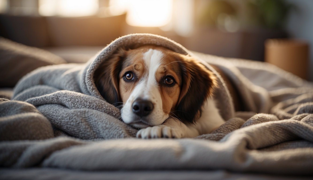 A dog lies on a soft bed, surrounded by comforting toys and blankets. A gentle, caring hand offers a soothing touch