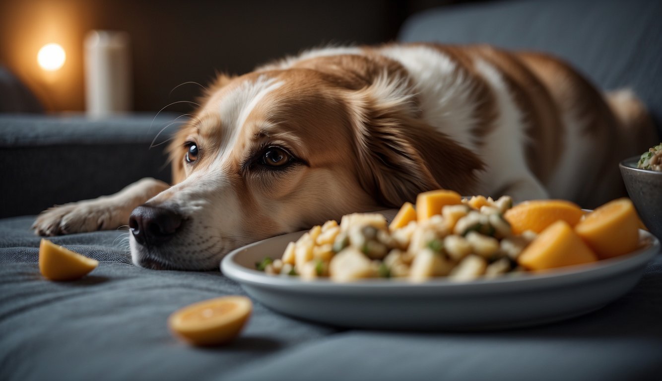 A dog lying on a soft cushion, surrounded by bowls of specialized food and water. A comforting animal companion sits nearby, providing emotional support