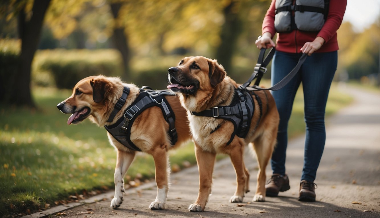 A large dog with a mobility harness is being assisted by a smaller dog wearing a comfort vest. The larger dog looks content and supported while walking