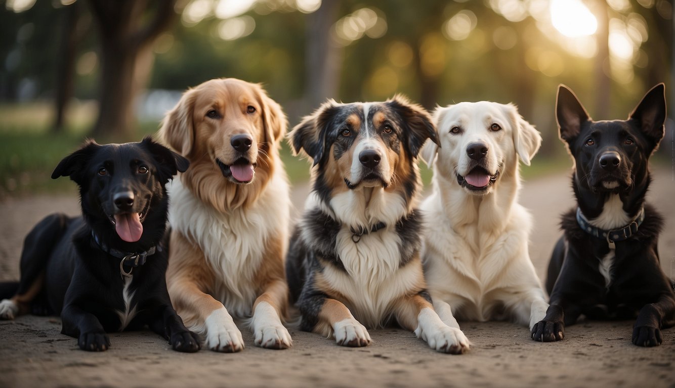 A group of dogs surrounded by gentle, comforting animals. The dogs are relaxed and content, receiving psychological support and well-being in their late-stage care