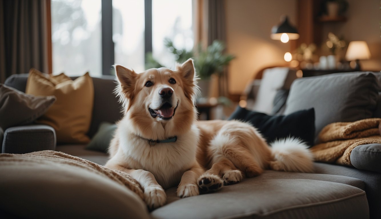 Dogs in late-stage care surrounded by comforting animals and professional caregivers in a cozy home setting