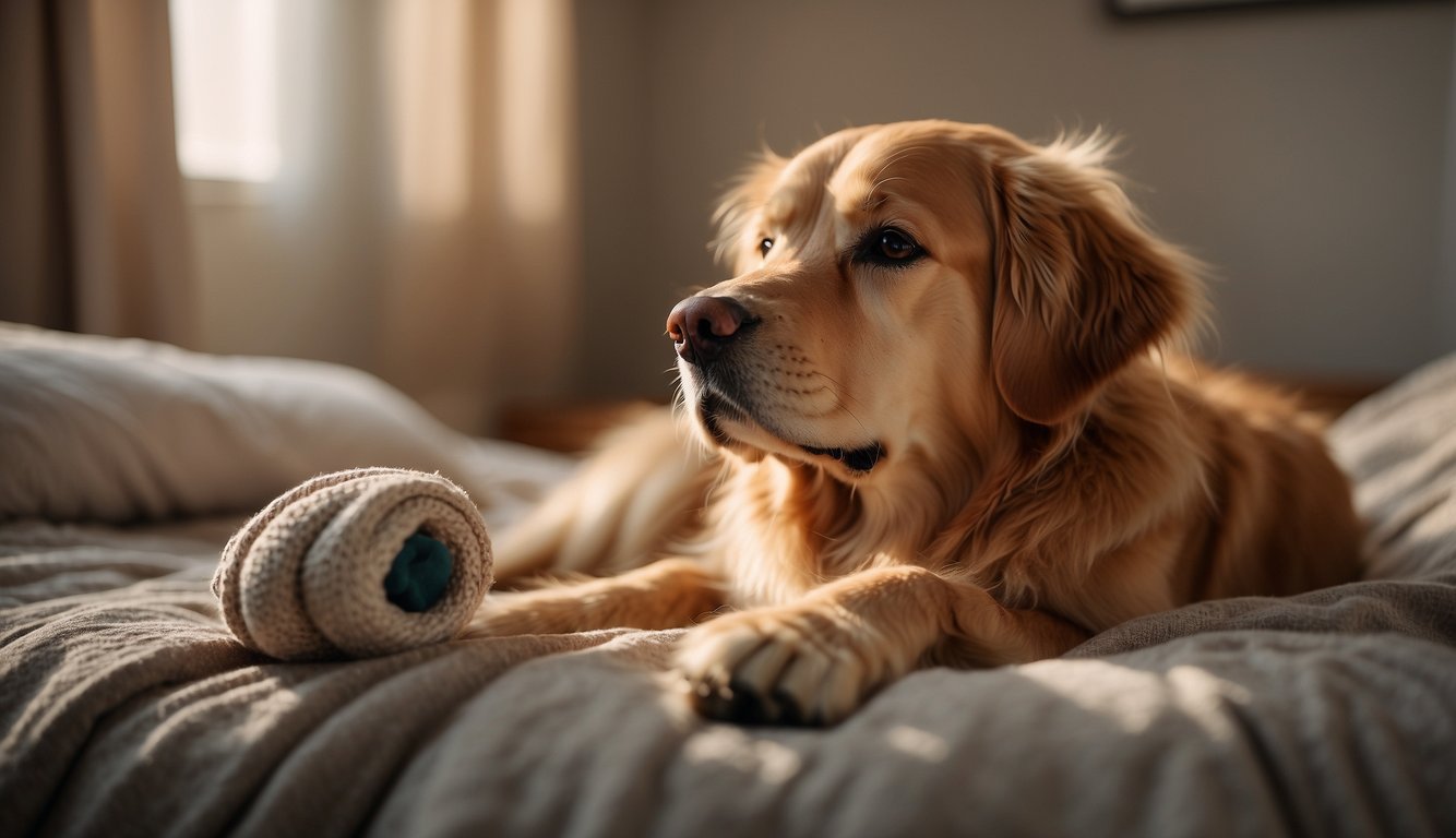 A golden retriever lies on a cozy bed surrounded by soft blankets and comforting toys. A gentle, soothing light fills the room, creating a peaceful and serene atmosphere for the dog in late-stage care