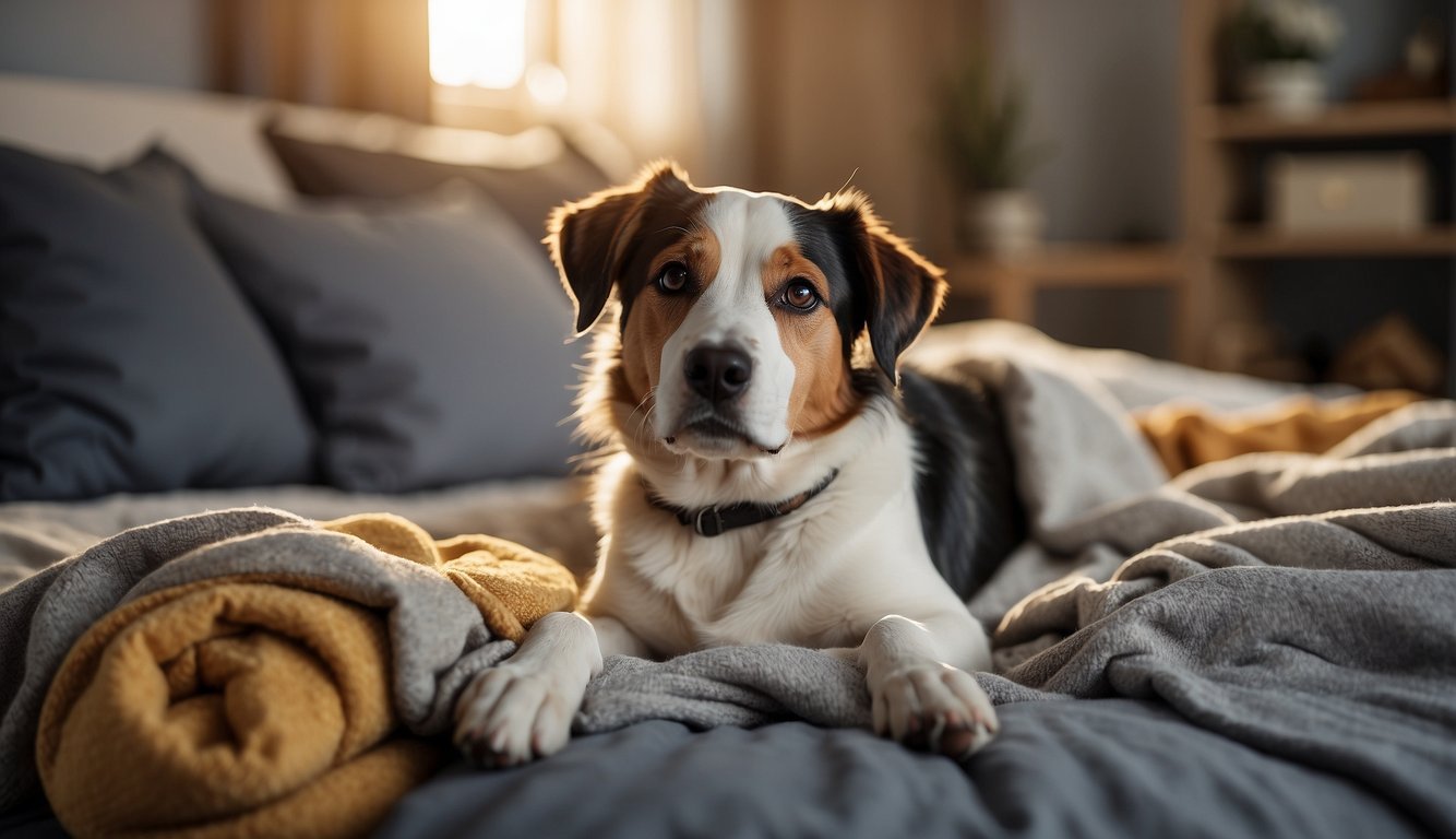 A dog lying on a soft, cushioned bed, surrounded by comforting toys and blankets. A gentle, soothing light fills the room, creating a peaceful and calming atmosphere for the dog in late-stage care