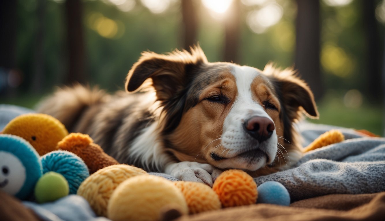 A dog lying peacefully with closed eyes, surrounded by familiar toys and blankets, with a gentle breeze rustling through the trees in the background