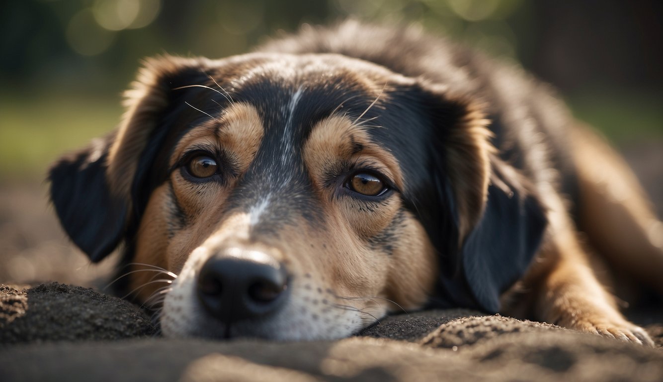 A tired, lethargic dog lying peacefully, surrounded by loved ones, with a distant, vacant look in its eyes, and shallow, irregular breathing