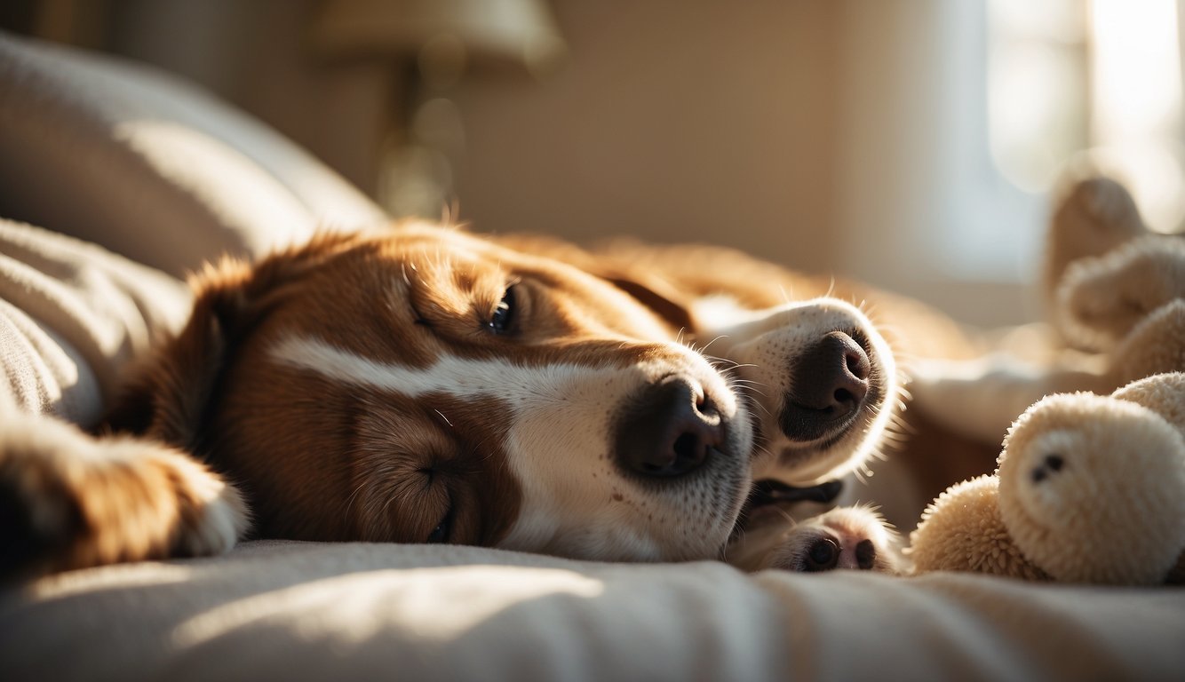 A dog lying peacefully on a soft bed, surrounded by comforting toys and familiar scents, with a gentle ray of sunlight shining through the window