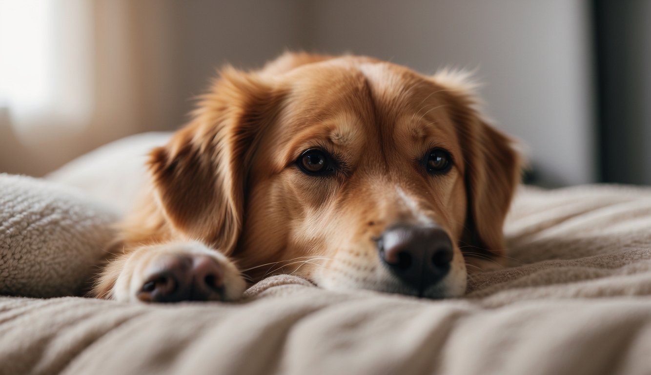 A dog lying peacefully on a soft bed, surrounded by comforting toys and familiar scents. The room is filled with warm natural light, creating a sense of calm and tranquility