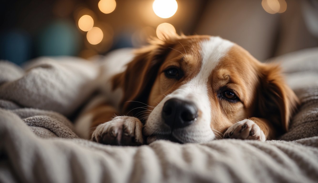 A dog lying peacefully on a soft bed, surrounded by comforting toys and blankets. Its eyes are closed, and it appears relaxed and content