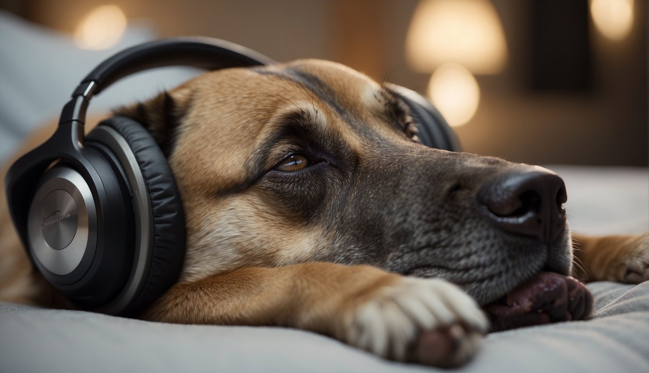 A dying dog lies on a soft bed, surrounded by calming music playing from a speaker. The dog's eyes are closed, and it appears to be at peace