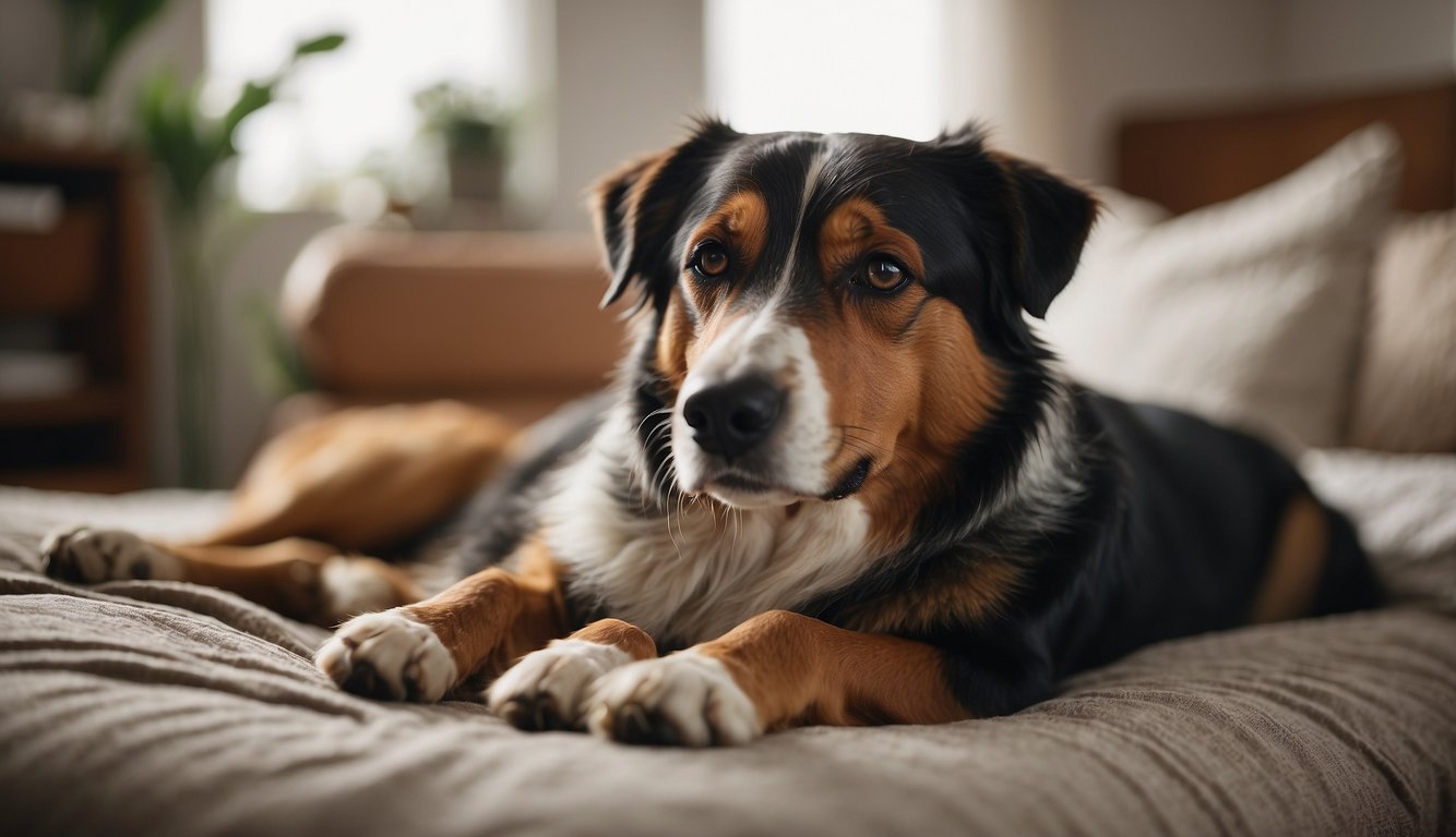 A senior dog lays peacefully on a soft bed, surrounded by gentle melodies and soothing sounds. A music therapist sits nearby, playing a calming tune on a guitar while the dog closes its eyes, feeling comforted and at ease