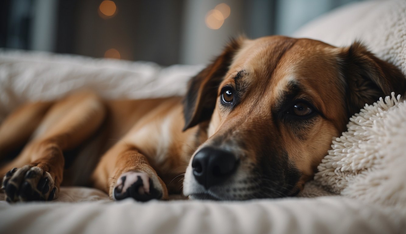 A dog lies peacefully on a soft blanket, surrounded by gentle melodies. A music therapist plays soothing tunes on a guitar, creating a calming atmosphere for the dying canine