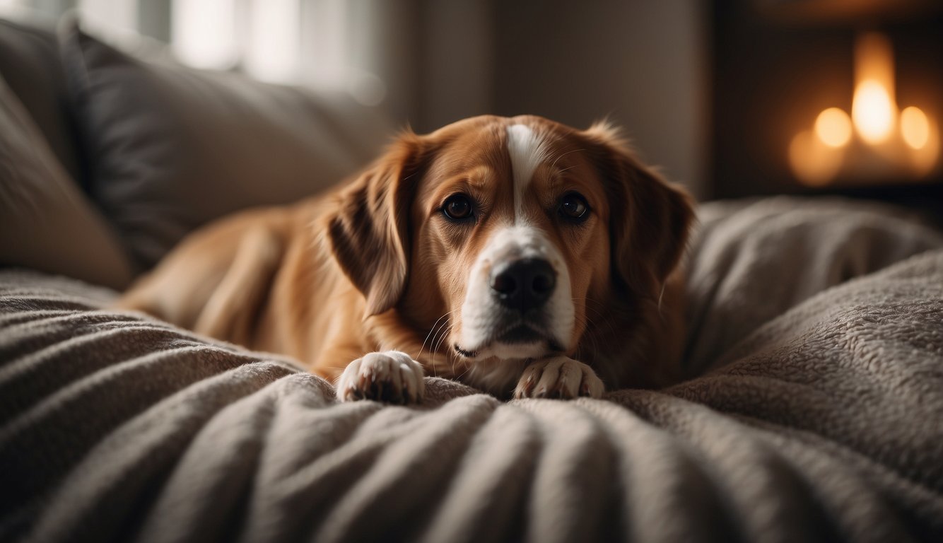 A dog lies on a cozy bed, surrounded by soft lighting. A gentle melody plays in the background as the dog relaxes, finding comfort and peace in the soothing sounds