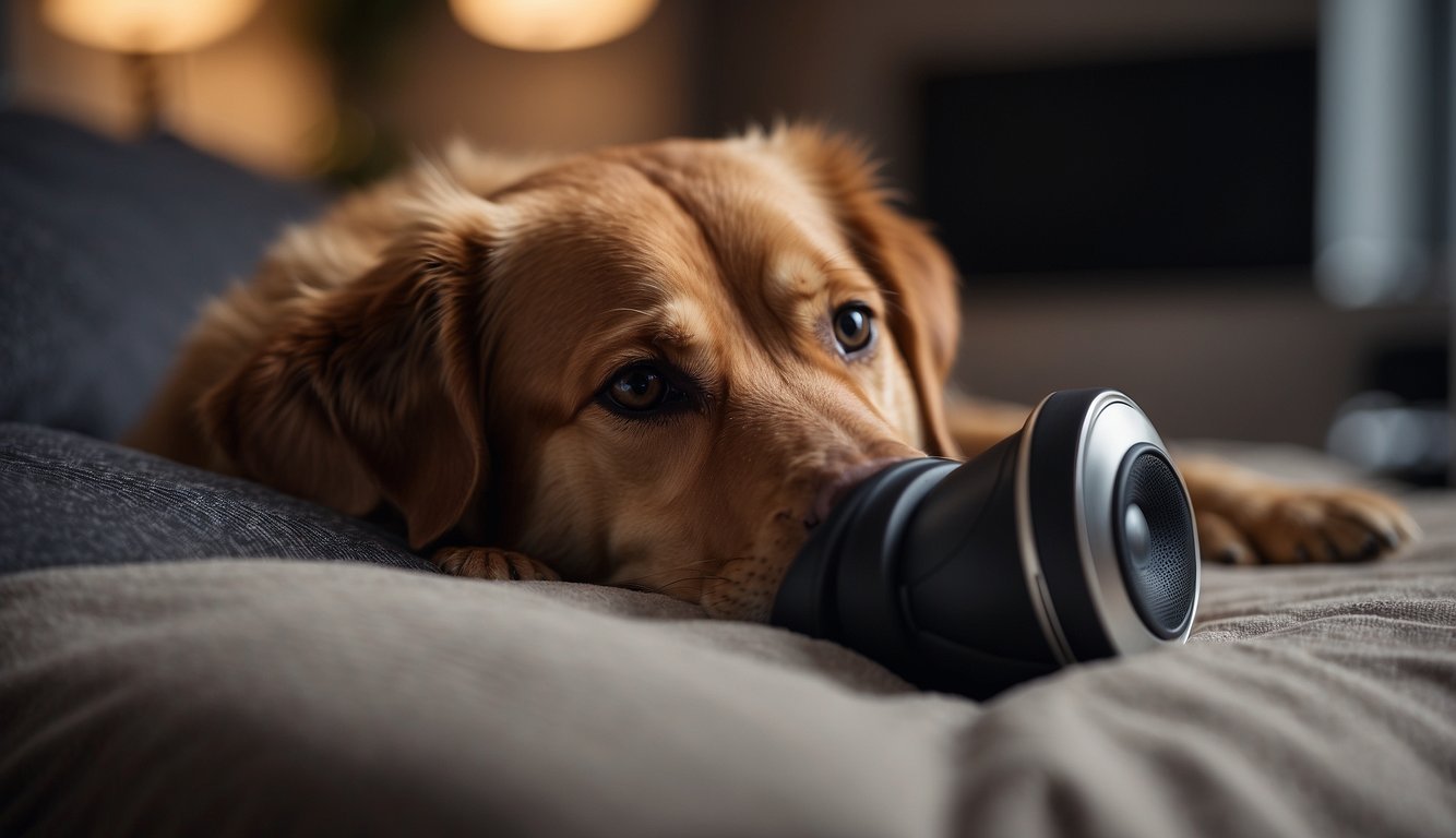 A dog lies peacefully on a soft bed, surrounded by soothing music playing from a speaker. The room is filled with warmth and comfort, creating a serene environment for the therapy session