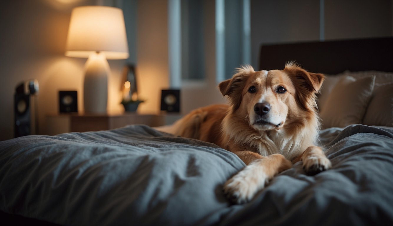 A dying dog lies on a cozy bed, surrounded by soft music playing from a nearby speaker. The gentle melodies seem to bring comfort and peace to the animal, as it closes its eyes and relaxes into a calm state