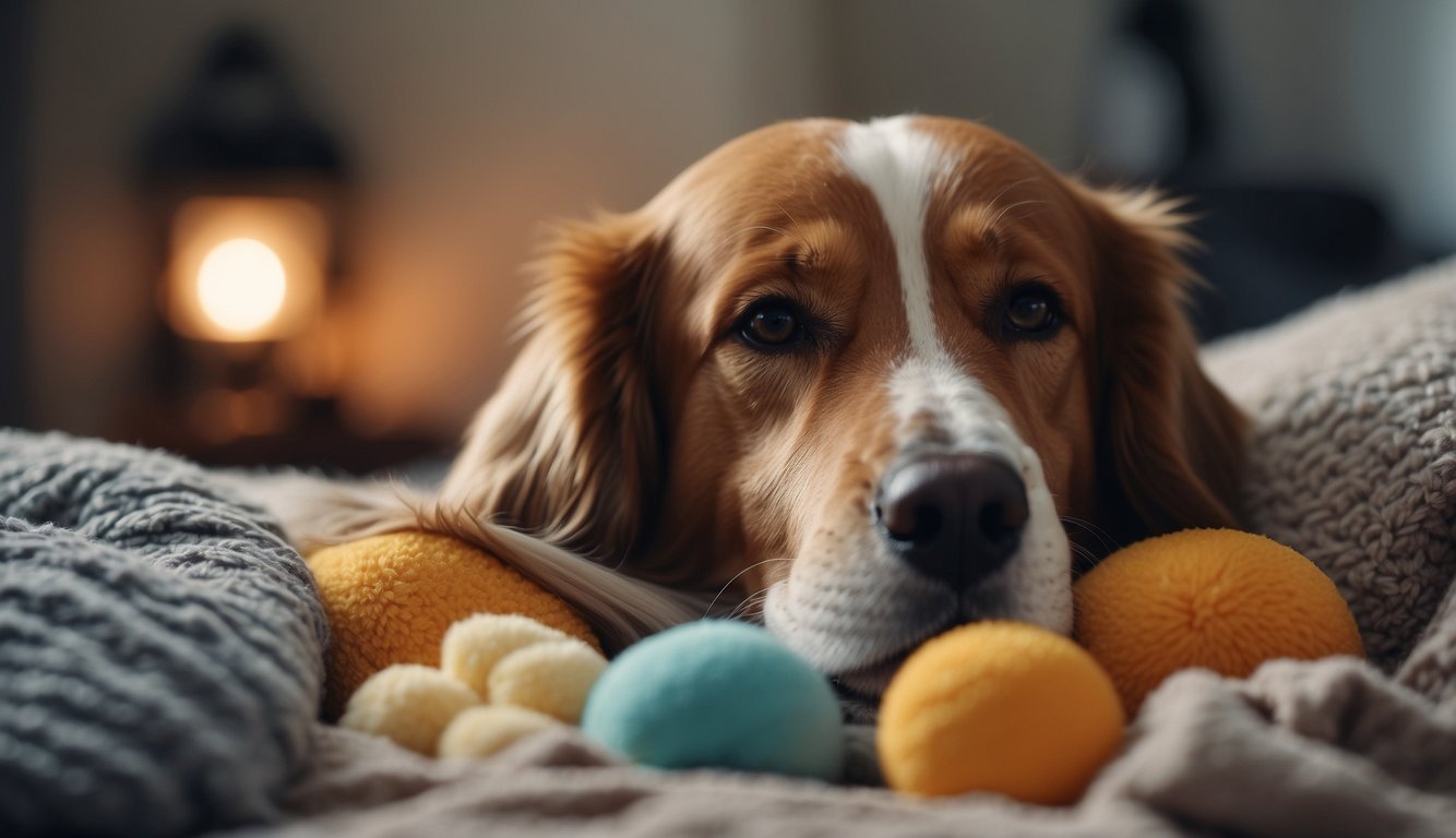 A dog lying on a soft bed, surrounded by comforting toys and blankets. A veterinarian administering medication or performing gentle massage