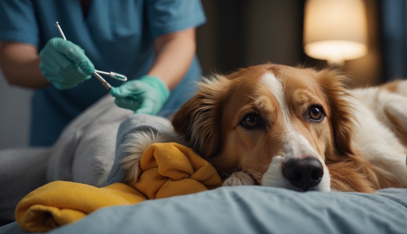 A dog with a limp, furrowed brow, and whimpering, lying on a soft bed with a veterinarian administering medication